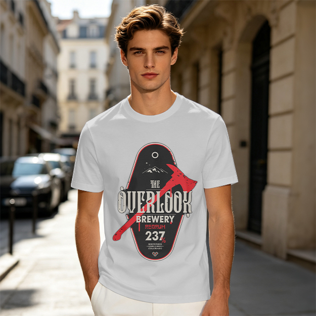Olive green t-shirt with The Overlook Brewery axe graphic