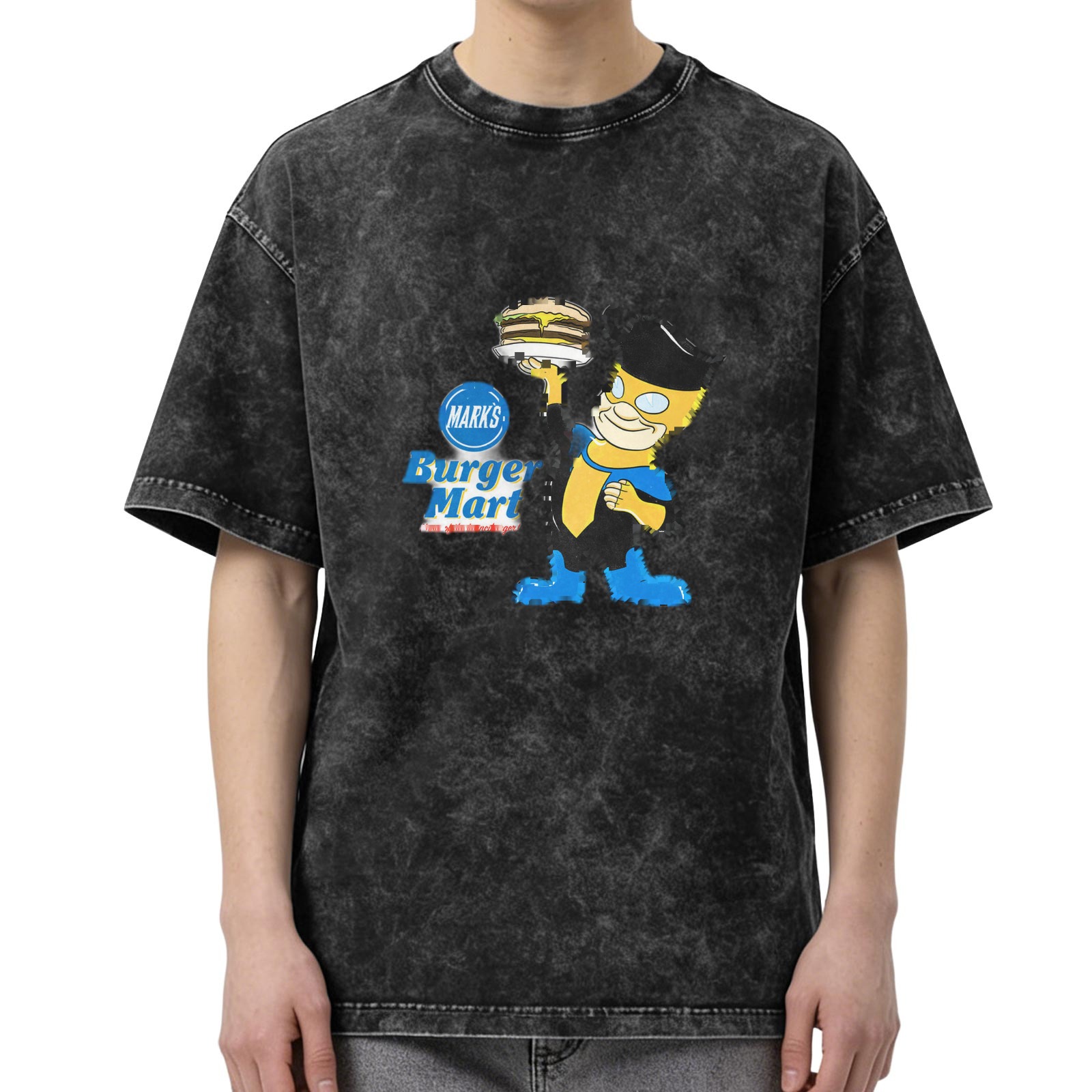 Oversized Acid Wash T-Shirt with Burger Mart Bart Simpson Print