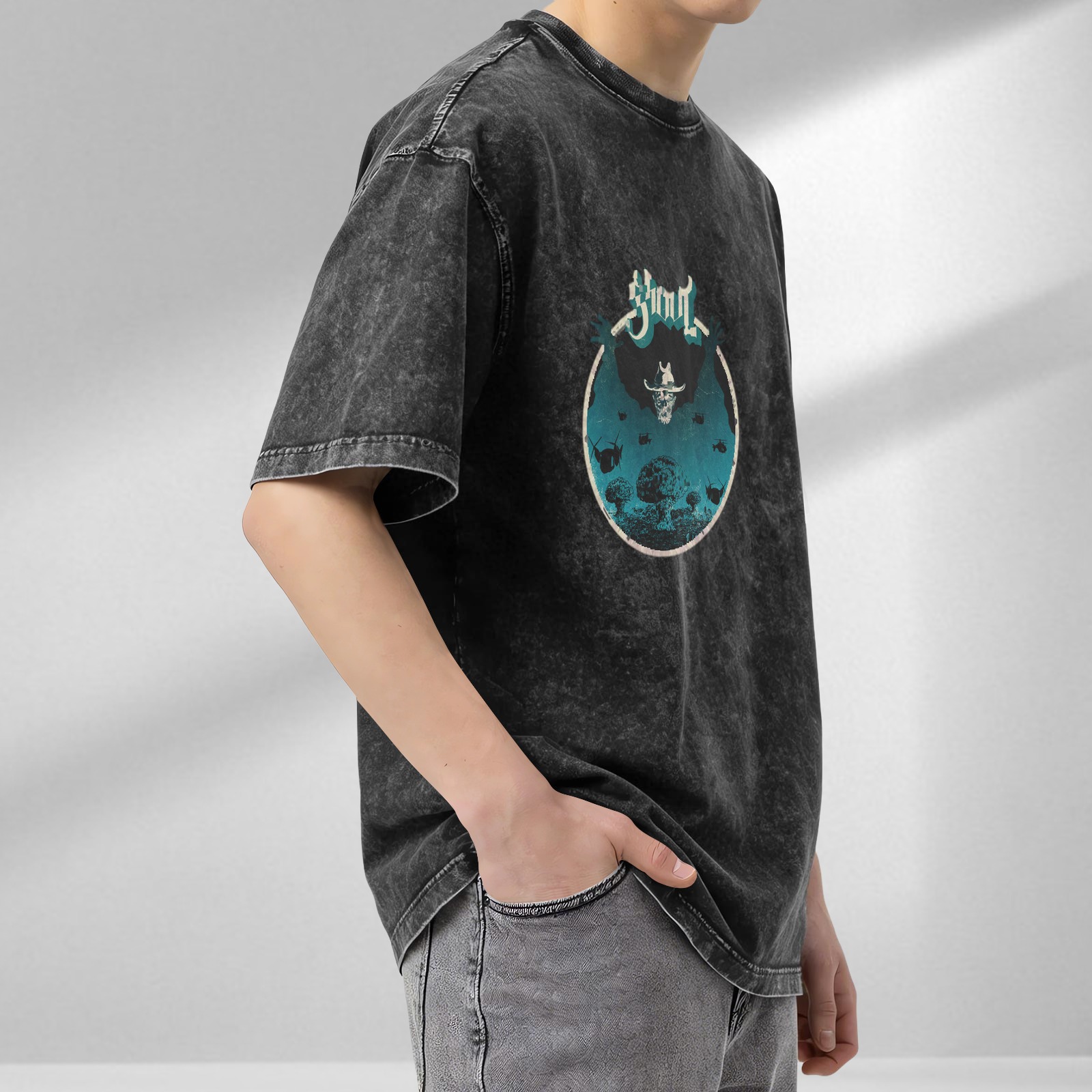 Washed Black Graphic T-Shirt with Skull and Mushroom Cloud Art
