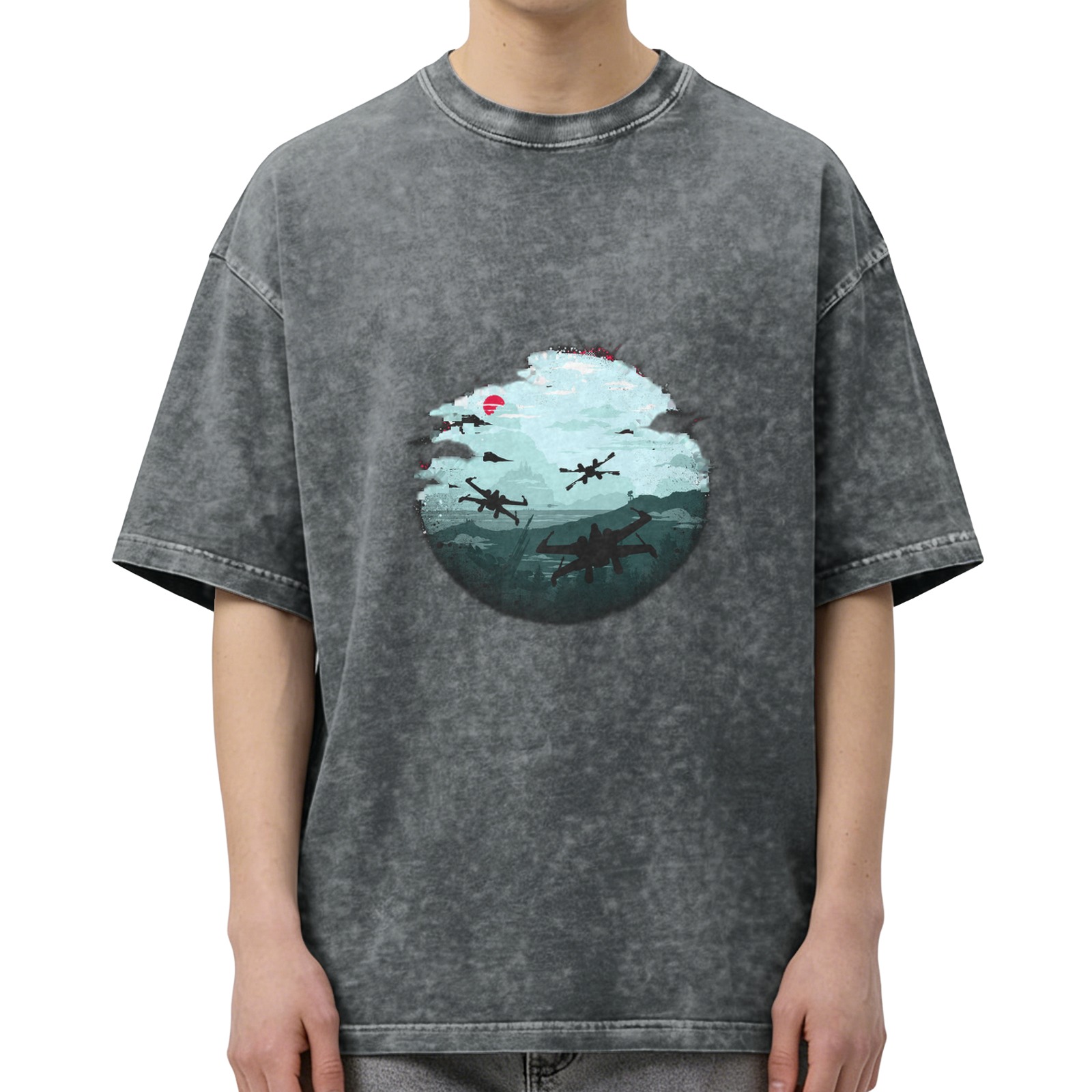 Oversized Vintage Wash Graphic T-Shirt with Star Wars X-Wing Fighter Design