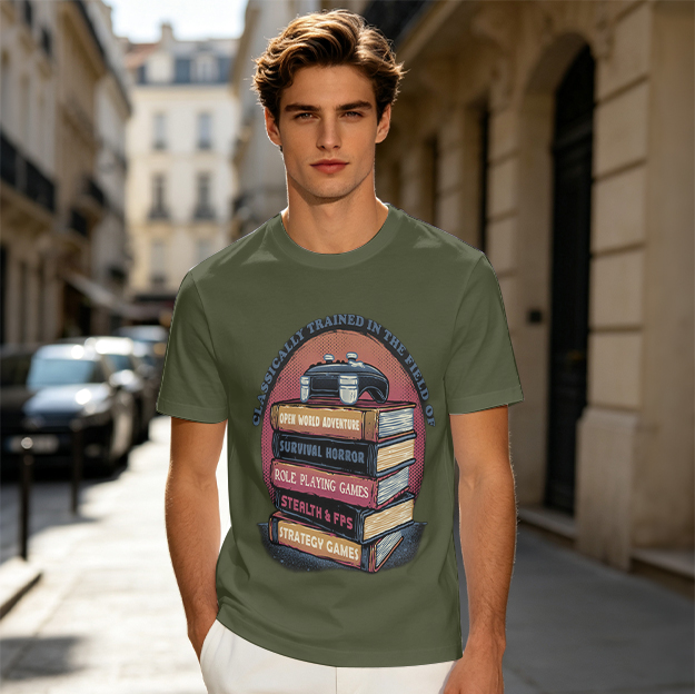 Classically Trained Gamer T-Shirt with Game Genre Book Stack Art