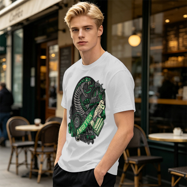 Olive Green T-Shirt With Slytherin Ambition Snake Owl Graphic