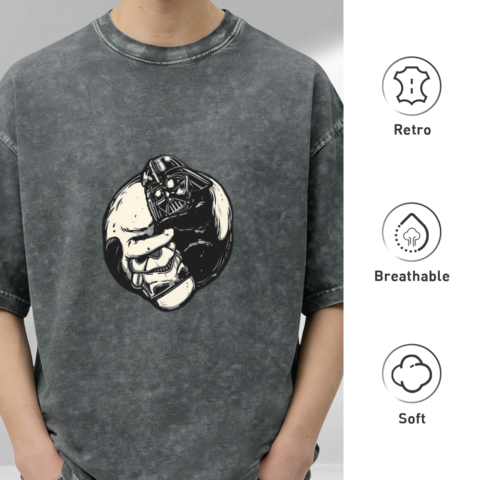 Washed Black Oversized T-Shirt with Split Darth Vader Skull Graphic