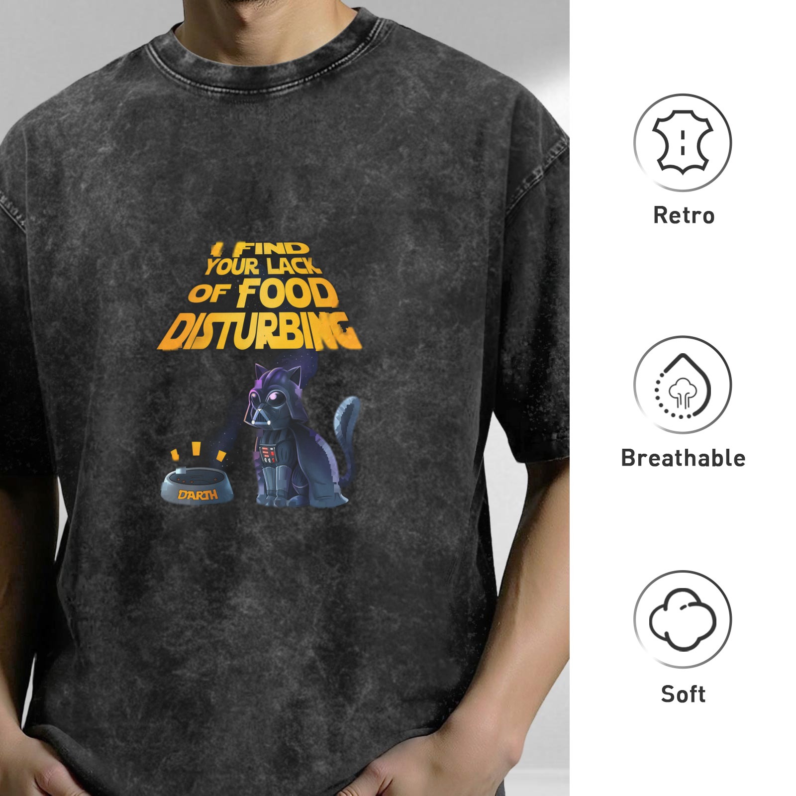 Washed black t-shirt with funny Darth Vader cat food quote