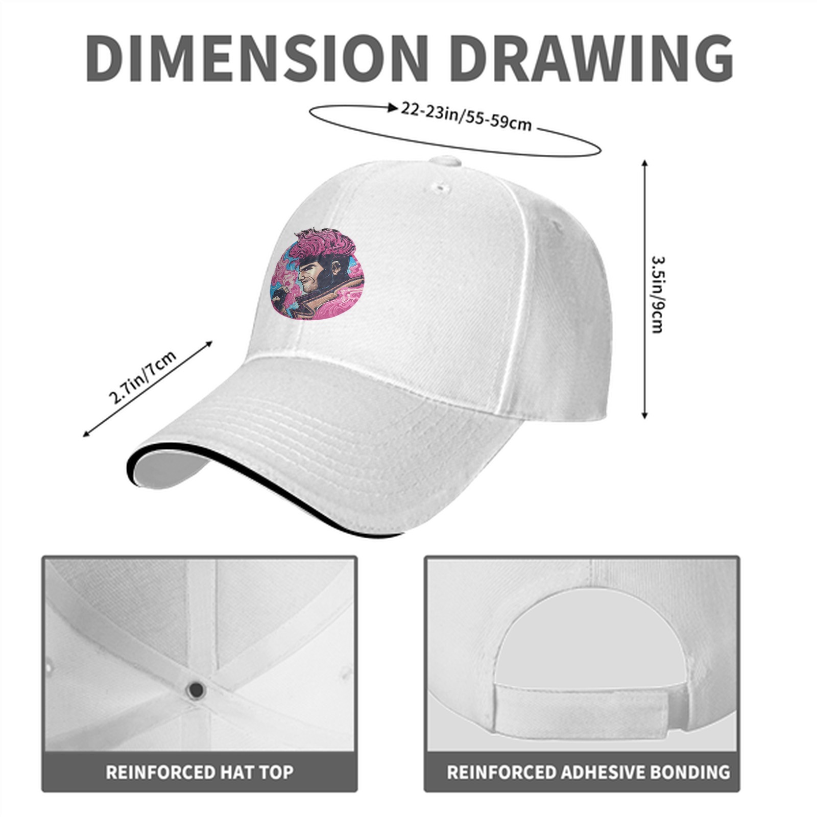 Black Baseball Cap With Pink Superhero Character Art Print