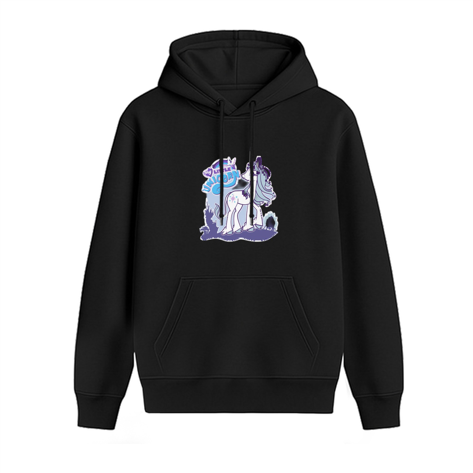 Black hoodie with unicorn graphic print