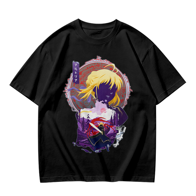 Olive green anime graphic t-shirt with Saber character print