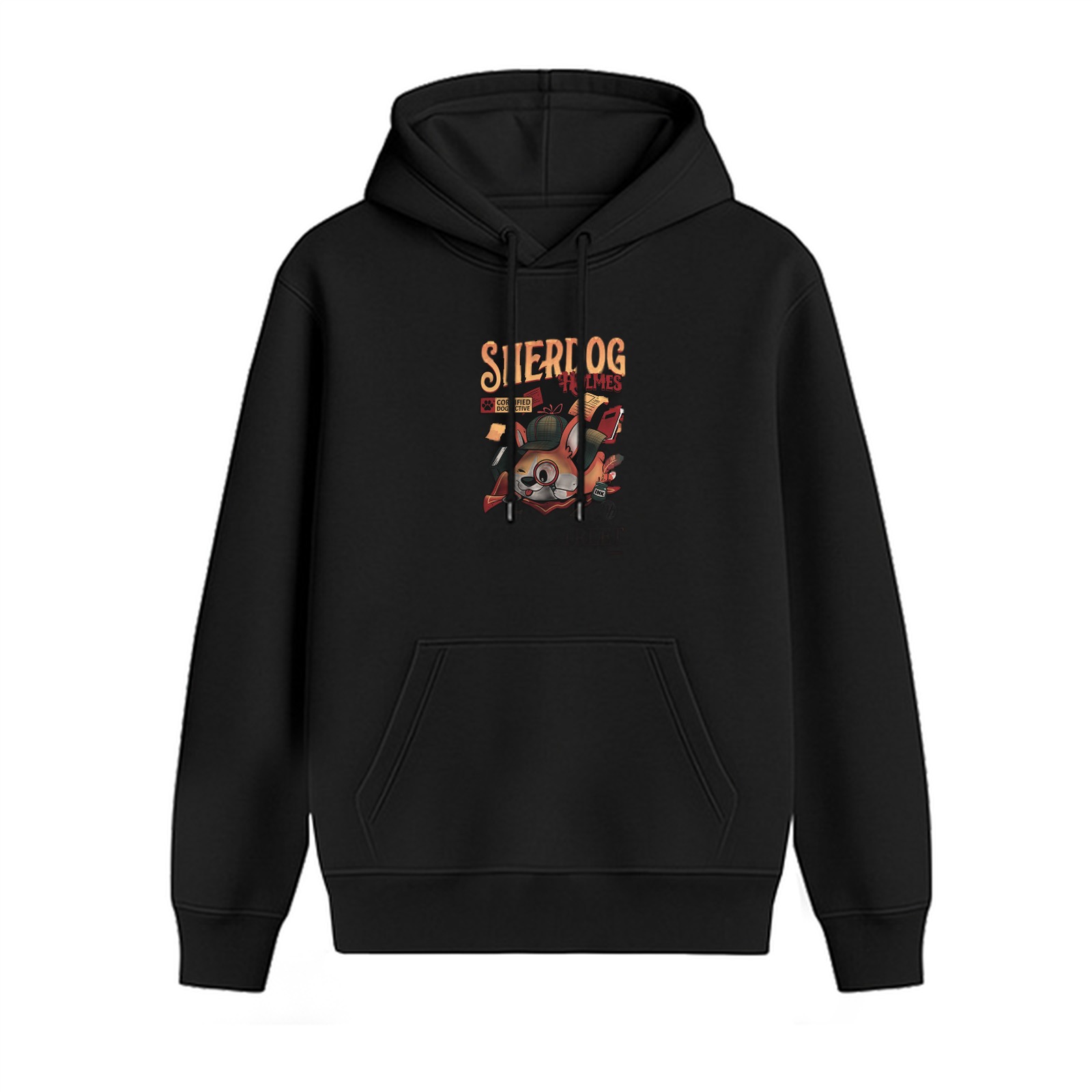 Black Hoodie With Sherlock Dog Detective Graphic Print