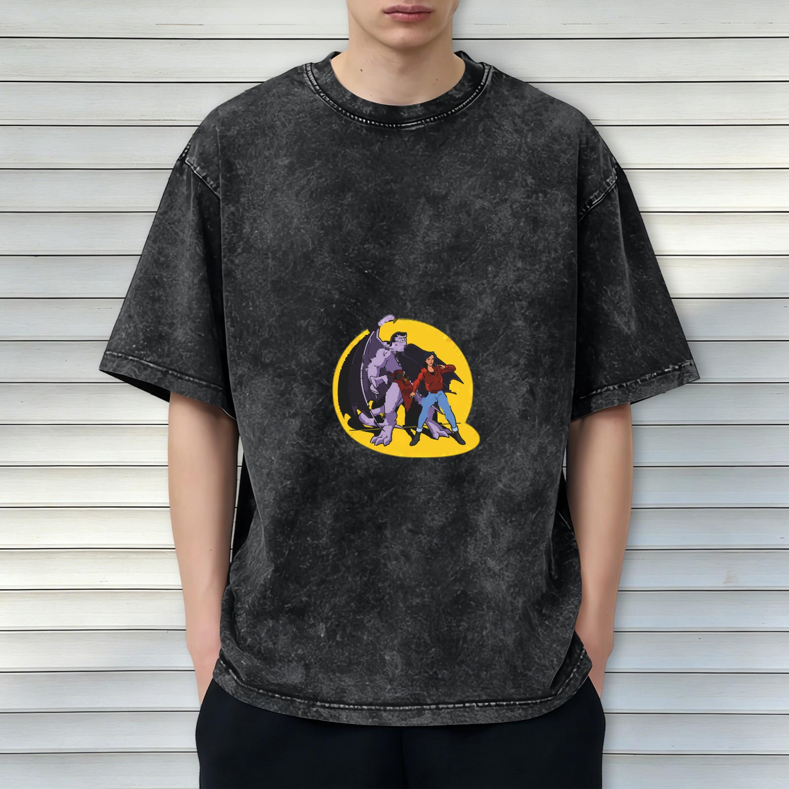 Washed Black T-Shirt with Gargoyles Cartoon Character Graphic