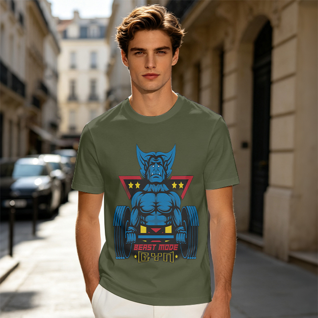 Olive T-Shirt With Beast Mode Gym Lifting Graphic Print