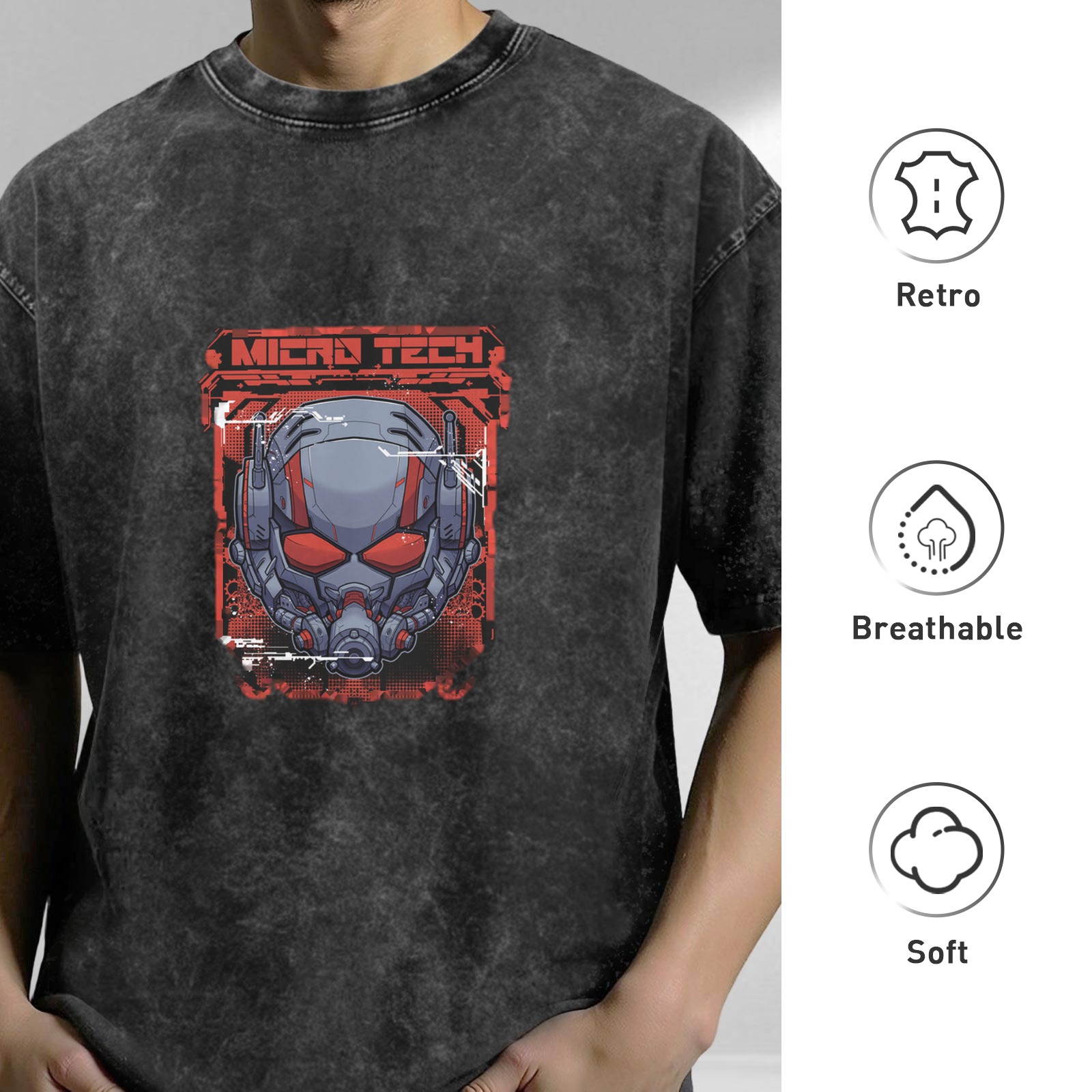 Oversized Acid Wash T-Shirt with Ant-Man Micro Tech Graphic