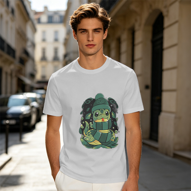 Olive Green T-Shirt With Cute Cartoon Snake Graphic
