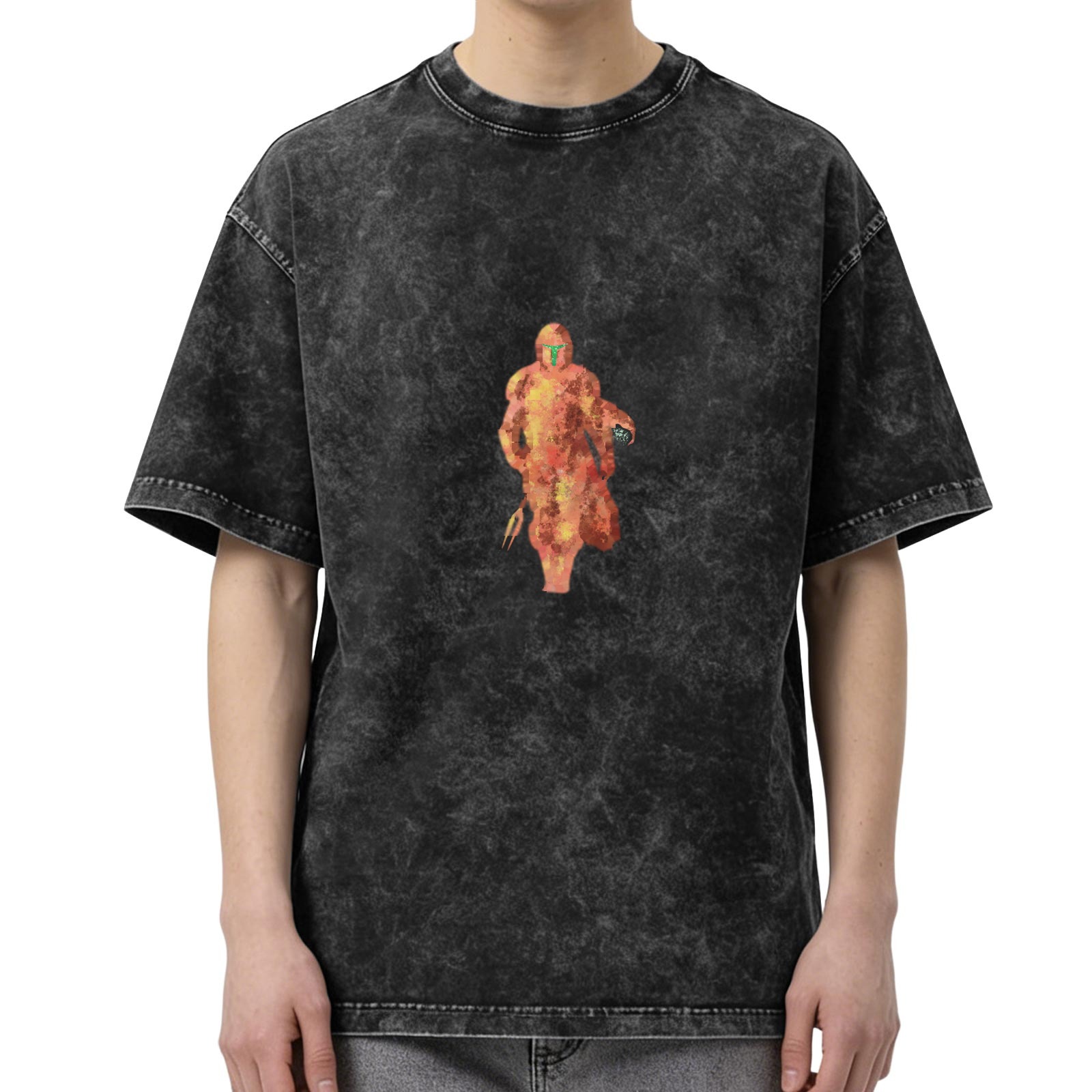 Oversized Black Acid Wash T-Shirt with Fiery Warrior Graphic