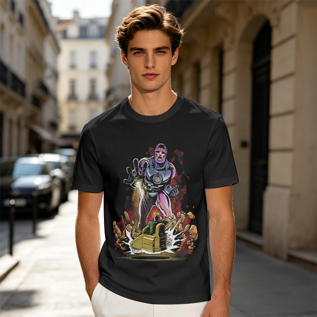 Olive T-shirt with Robot Villain and Tank Action Graphic
