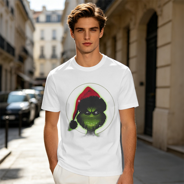 Olive Green T-Shirt With Grinch Wearing Santa Hat Graphic