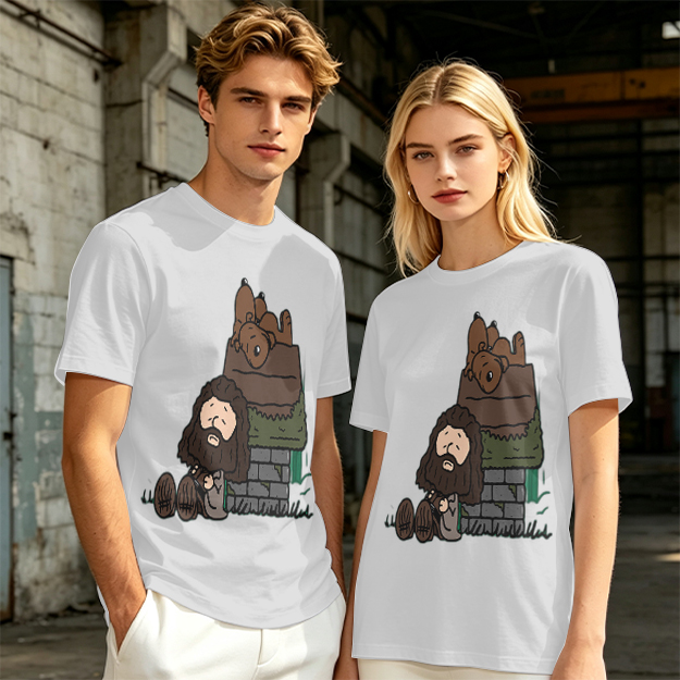 Olive T-Shirt With Cartoon Bearded Man And Doghouse Print