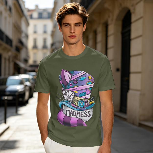 Olive T-Shirt With Mad Hatter Cheshire Cat Madness Graphic