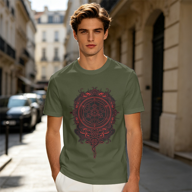 Olive T-Shirt With Red Occult Magic Circle Graphic