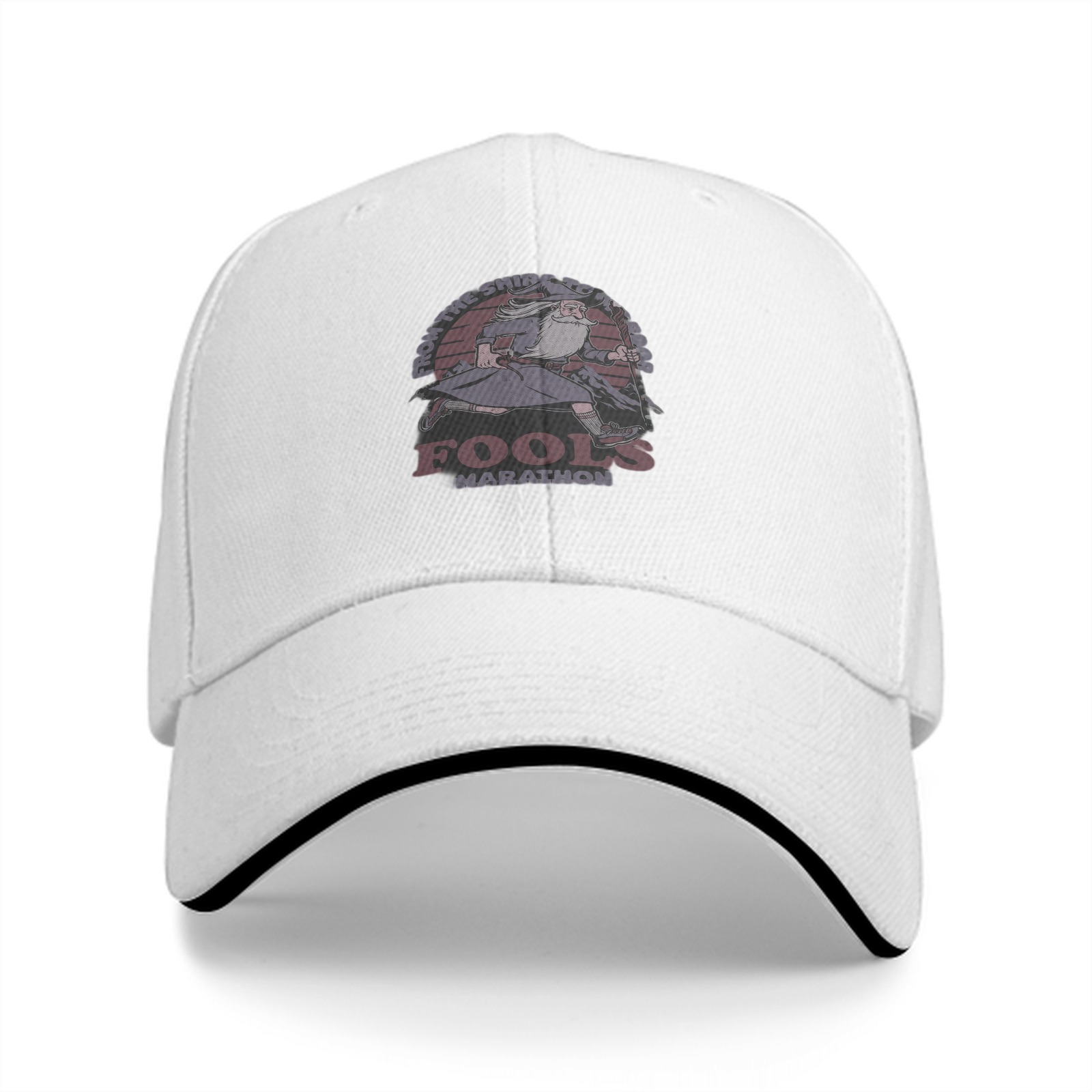 Black baseball cap with 'Fools Marathon' wizard graphic print