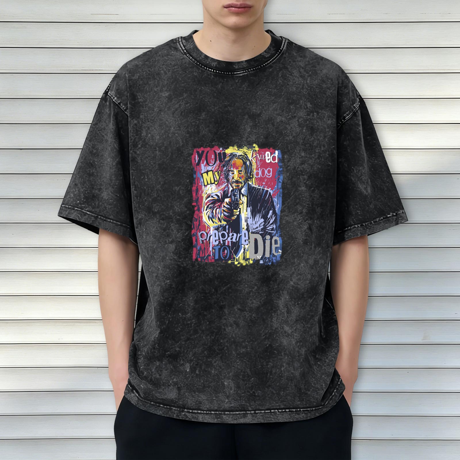 Washed graphic t-shirt with John Wick 'You Killed My Dog Prepare To Die' print