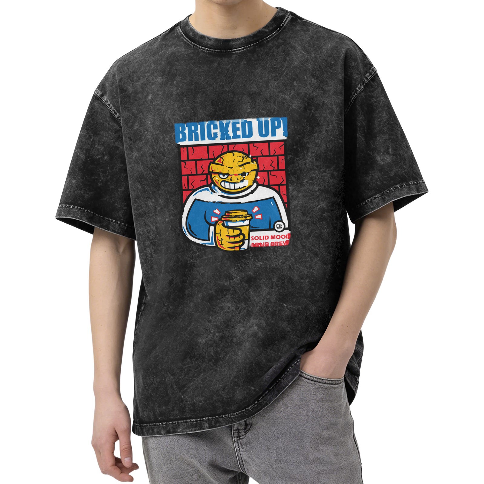 Oversized acid wash t-shirt with brick-themed cartoon graphic