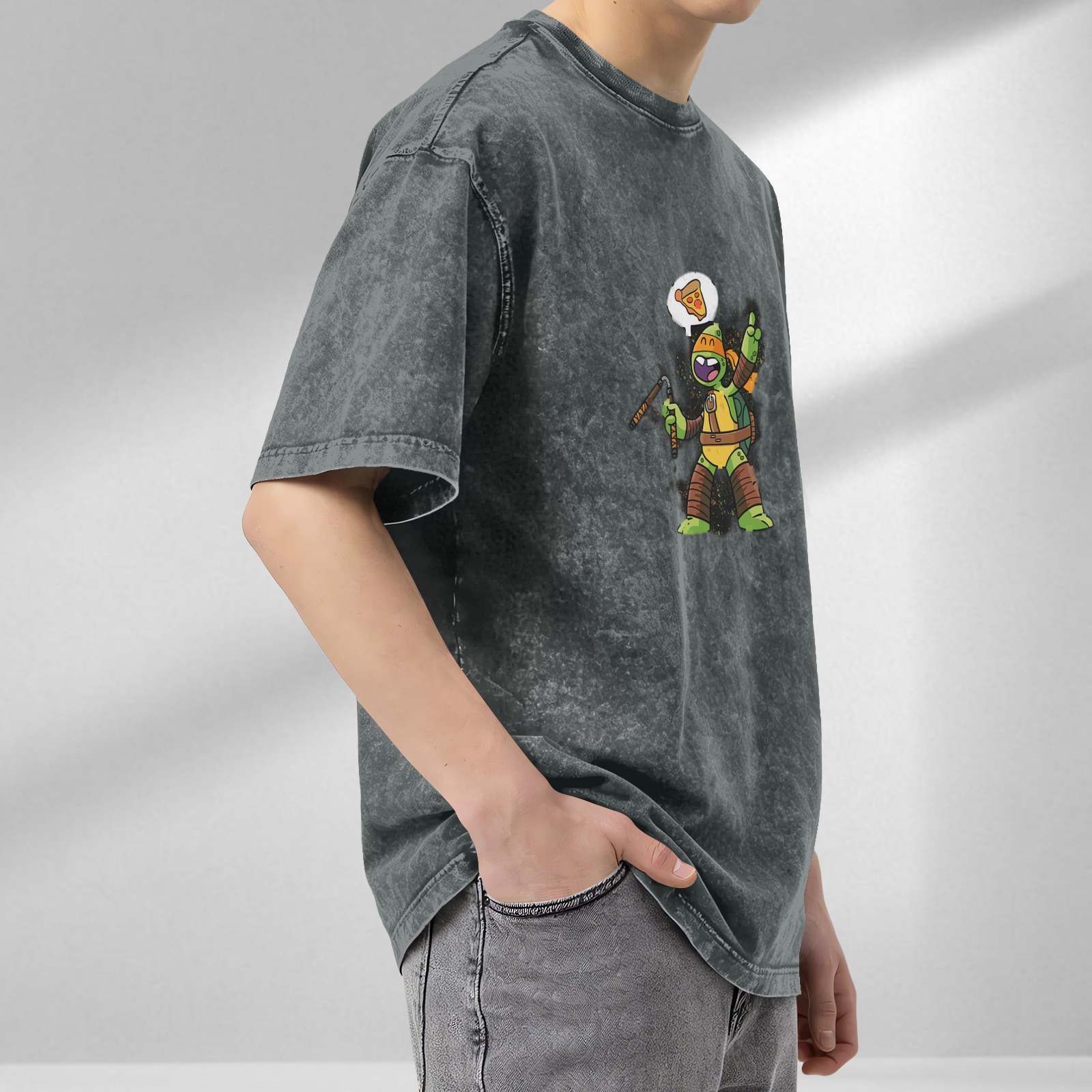 Washed Black T-Shirt With Michelangelo Ninja Turtle Pizza Print