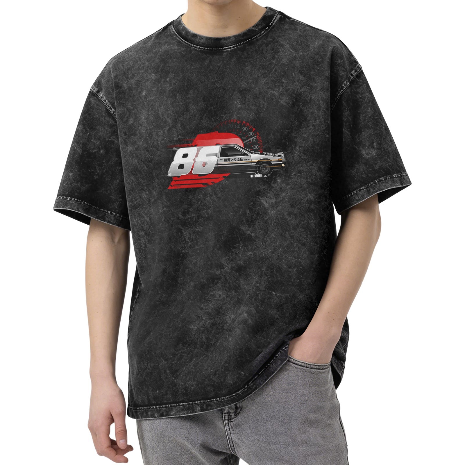 Distressed black loose short-sleeved T-shirt Initial D AE86 racing print washed retro round neck top