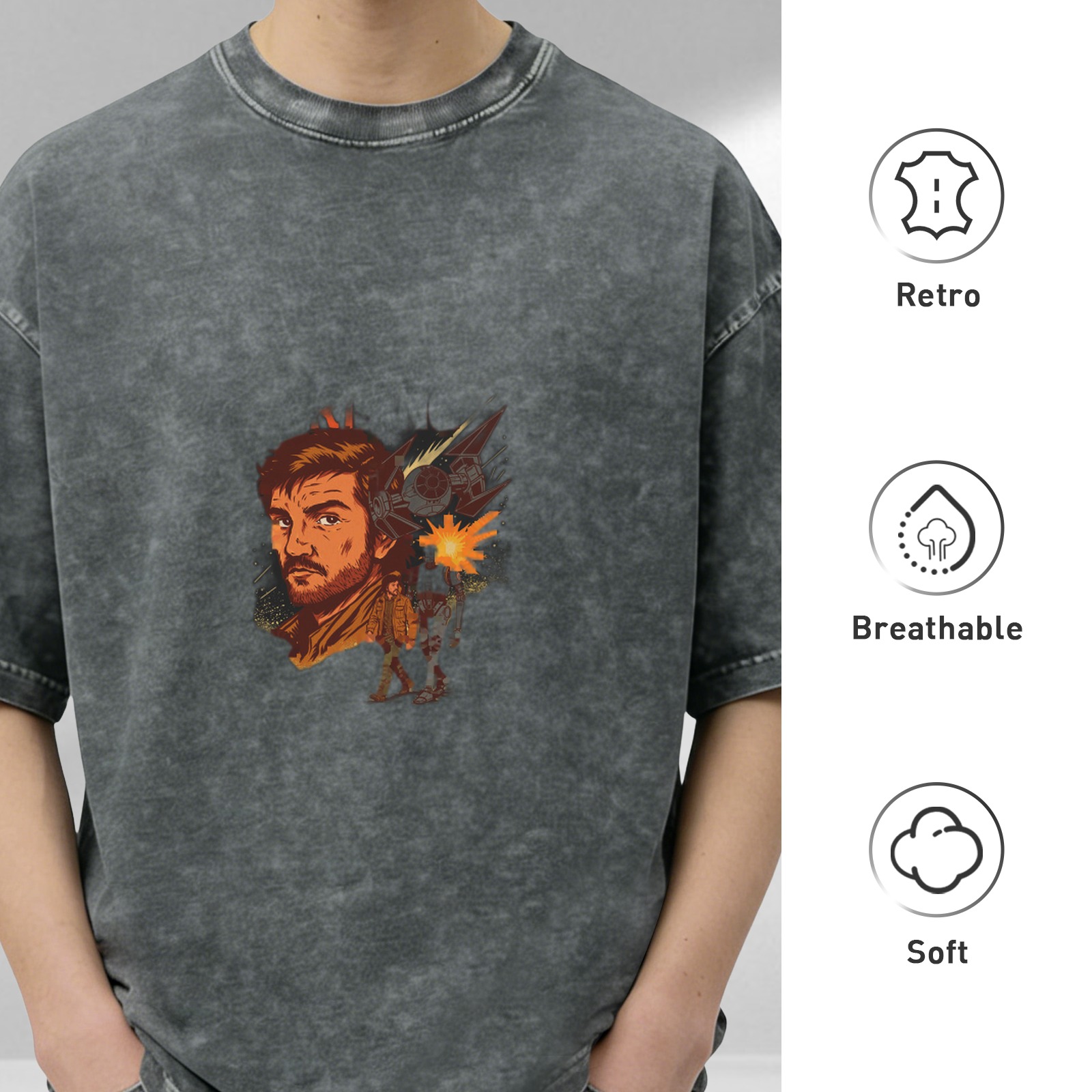 Washed Black Oversized T-Shirt with Retro Sci-Fi Character Graphic