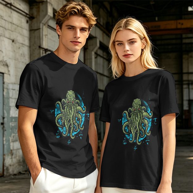 Olive Green T-Shirt With Cthulhu Octopus Monster Graphic