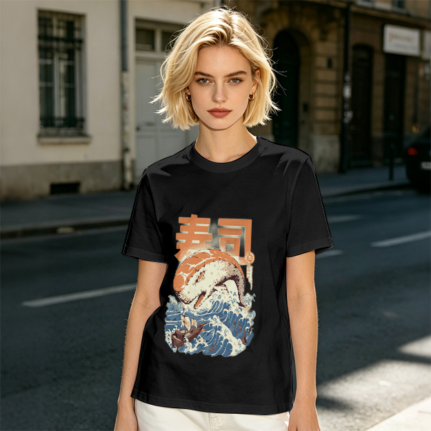 Olive t-shirt with sushi monster and great wave graphic