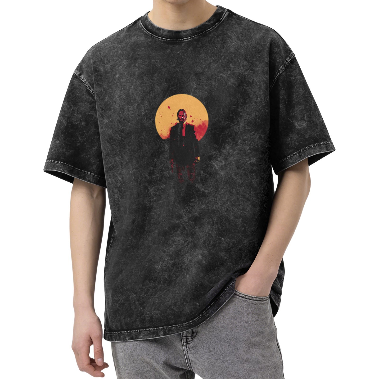 Oversized dark washed t-shirt with stylized action figure graphic