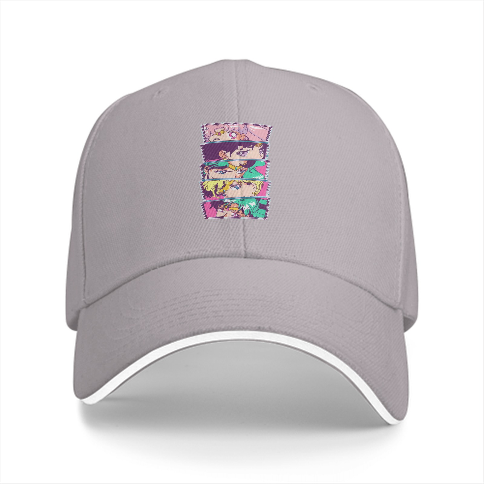 Black Baseball Cap with Anime Character Face Stack Print