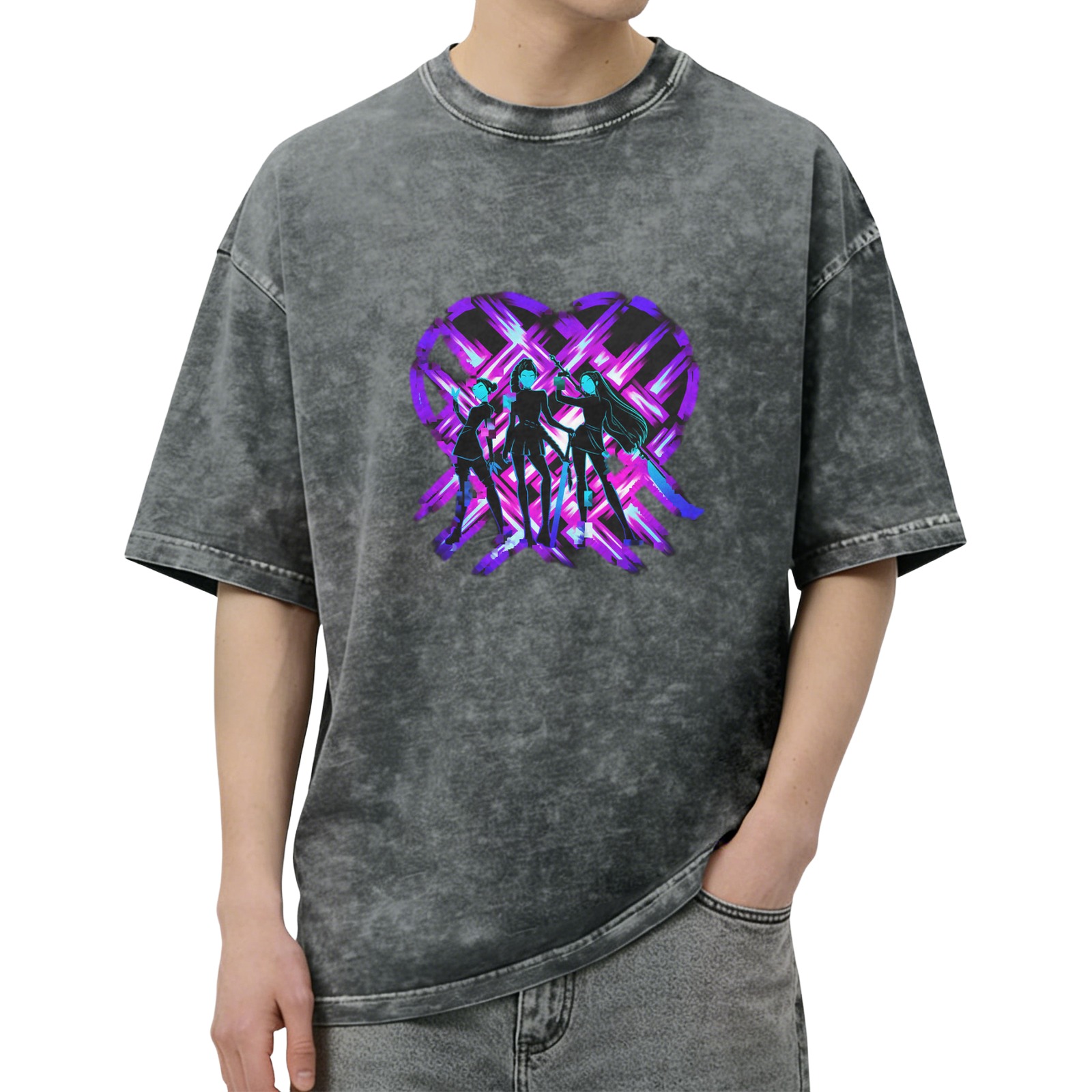 Washed Black T-Shirt with Neon Purple Heart and Three Stylized Figures Graphic