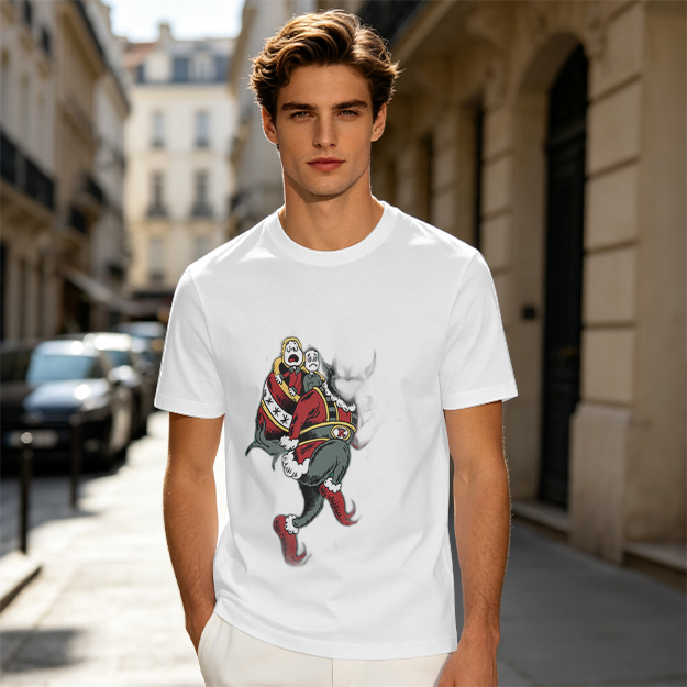 Olive T-shirt with distressed cartoon Santa Claus graphic