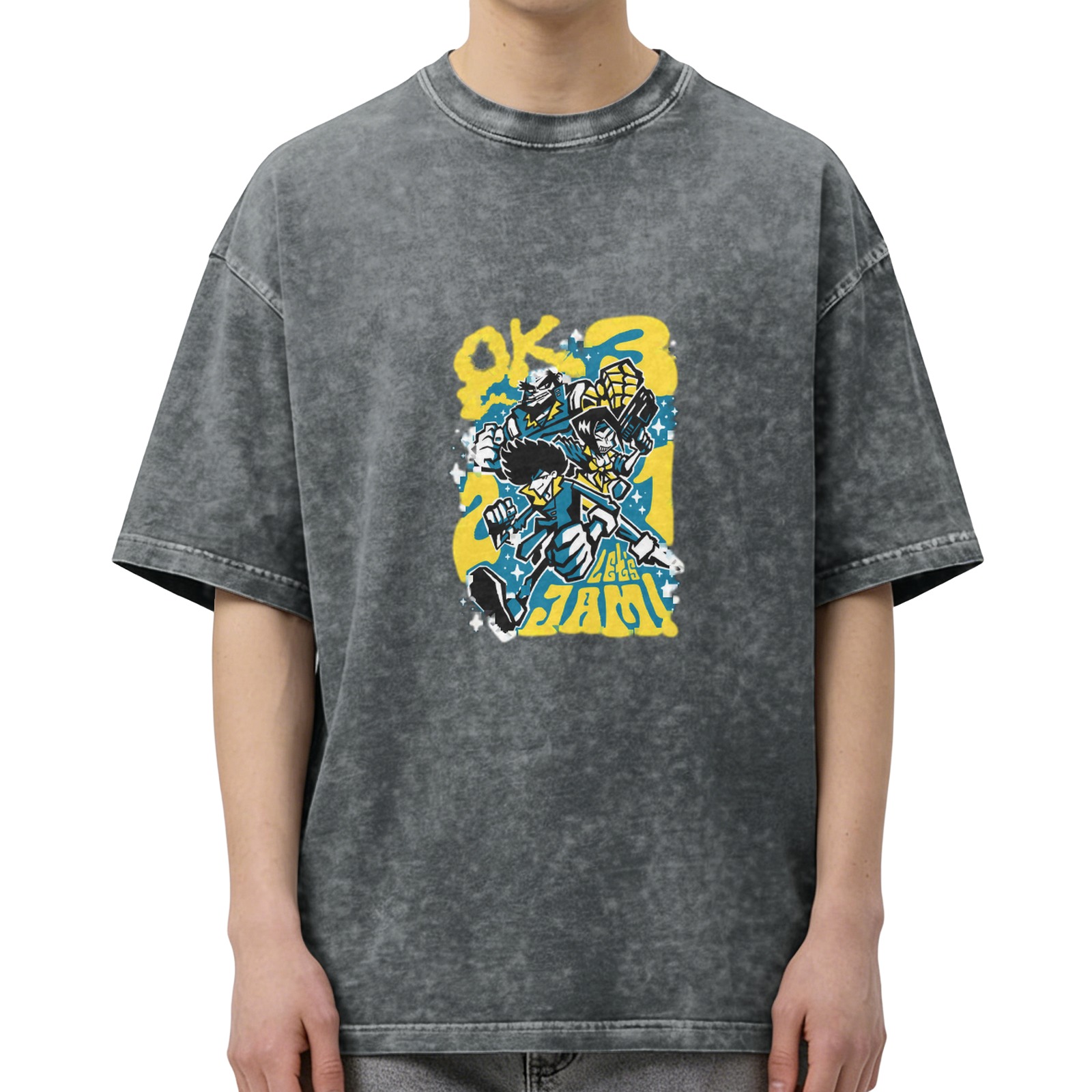 Distressed washed black loose short-sleeved T-shirt with cartoon animation style pattern and the words 