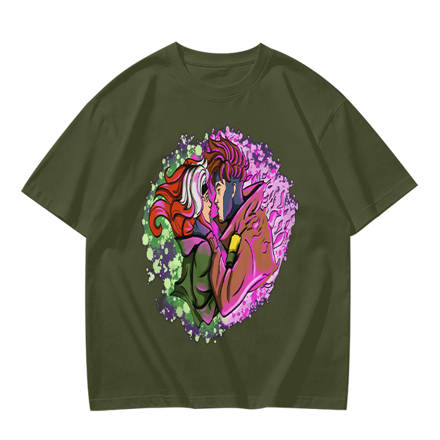 Olive T-Shirt with Gambit and Rogue Superhero Art Print