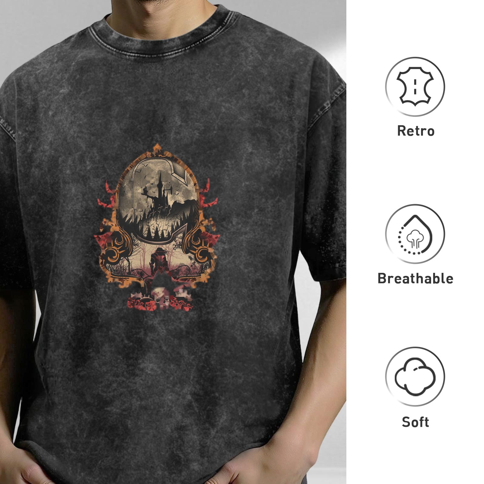 Oversized Vintage Washed Black T-Shirt with Gothic Castle & Skull Graphic Print