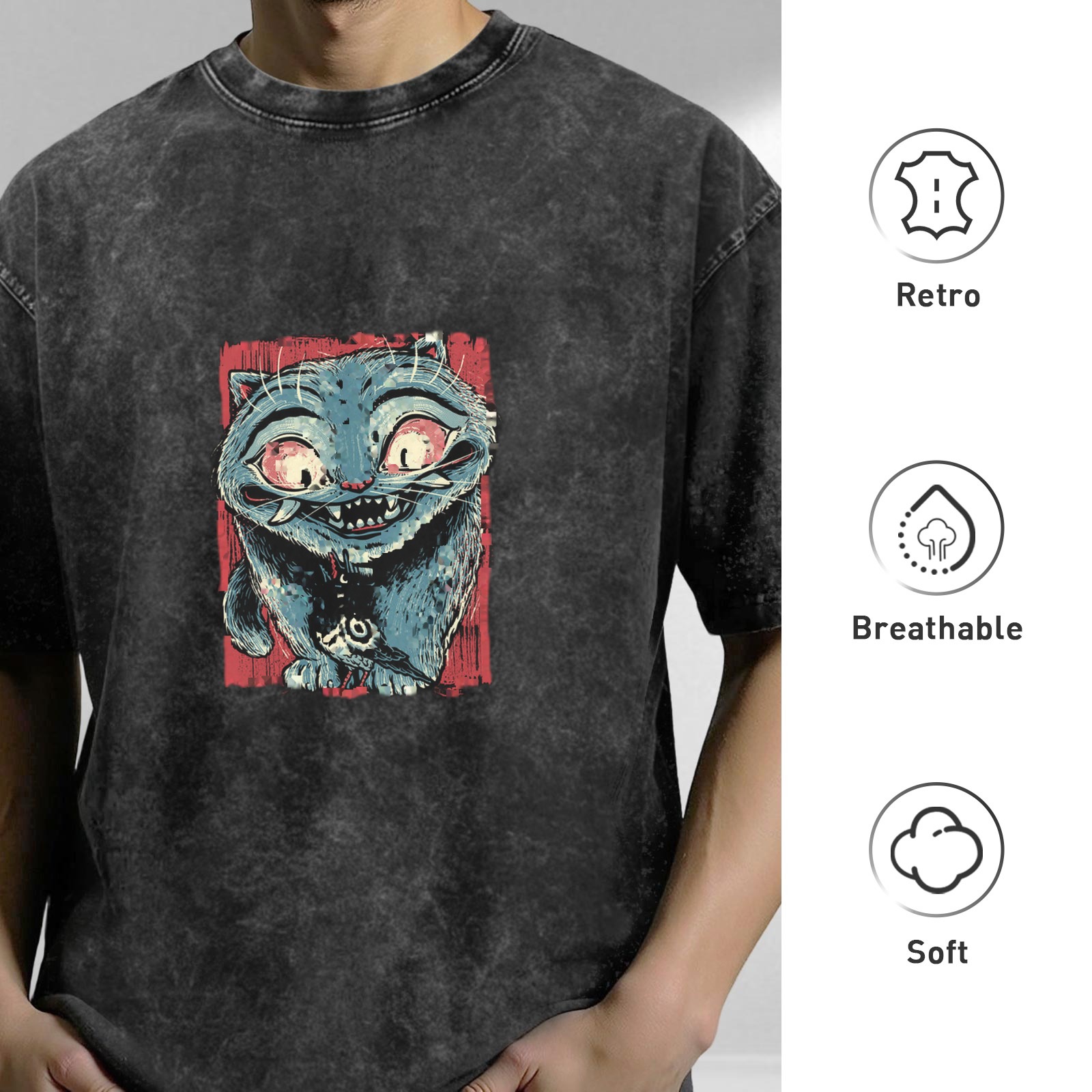 Oversized Acid Wash T-Shirt With Creepy Blue Cat Graphic