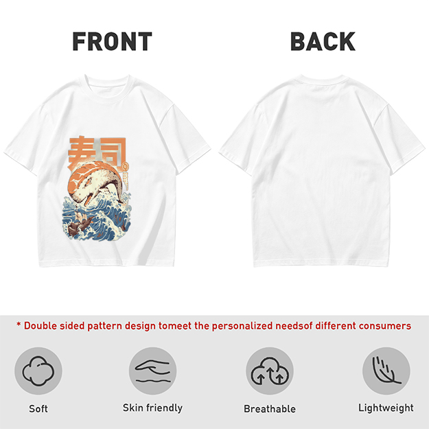 Olive t-shirt with sushi monster and great wave graphic