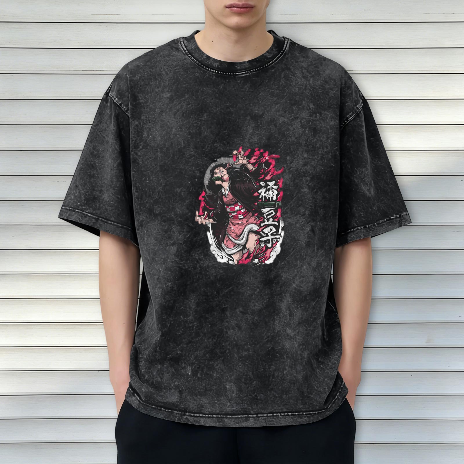 Oversized Acid Wash Anime Demon Slayer Nezuko Graphic T-Shirt