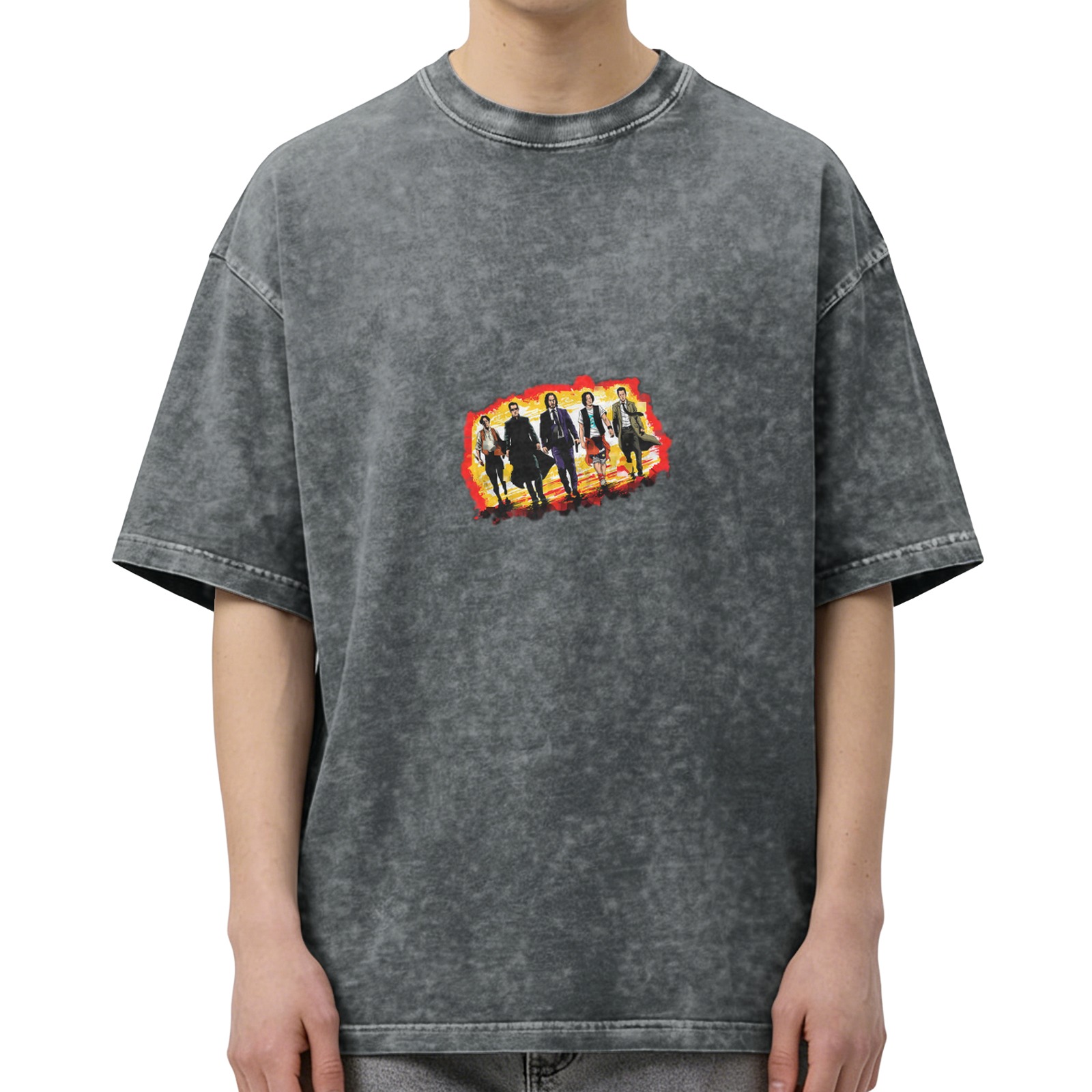 Distressed washed black loose short-sleeved T-shirt with film and television character prints