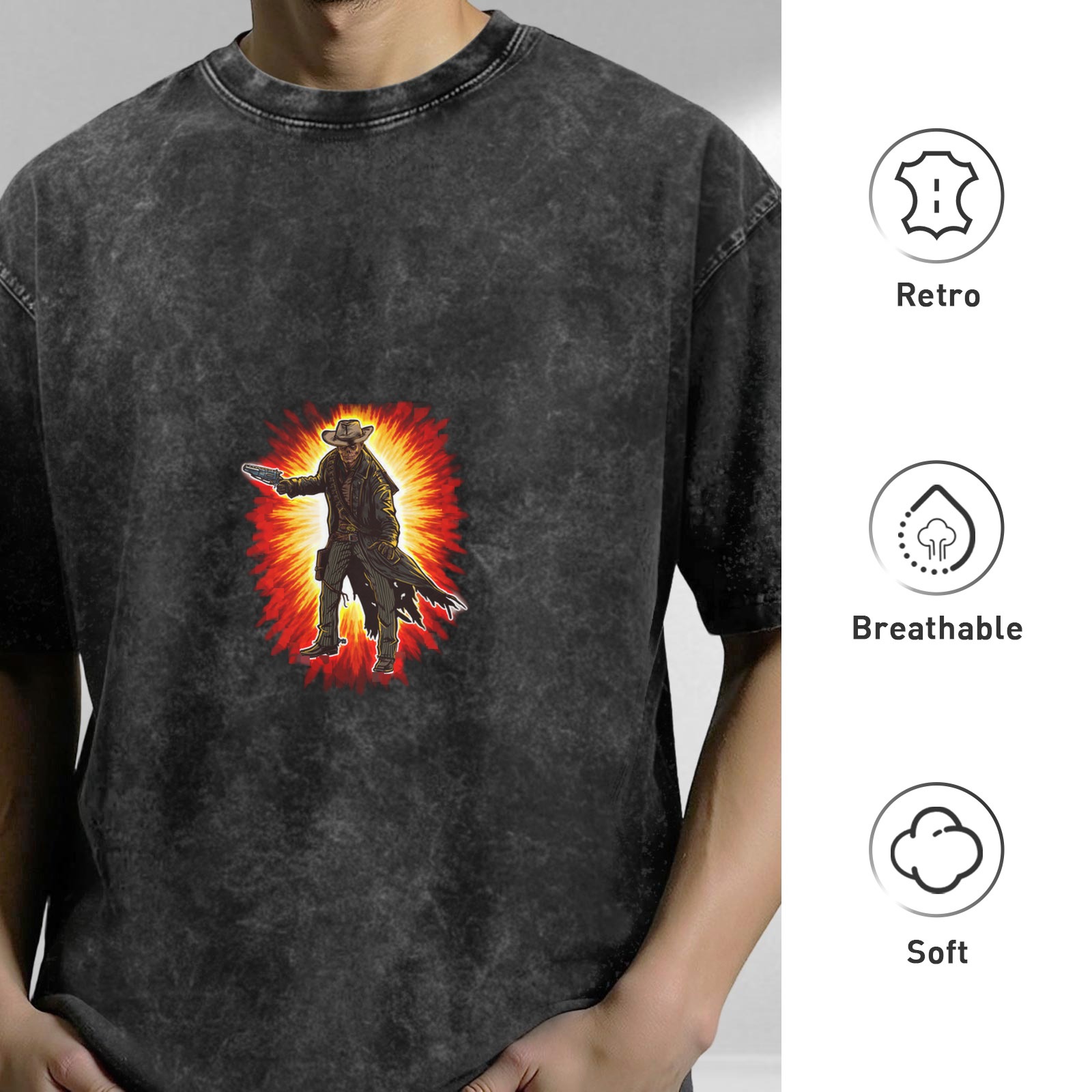 Oversized Dark Wash T-Shirt With Western Gunslinger Explosion Graphic
