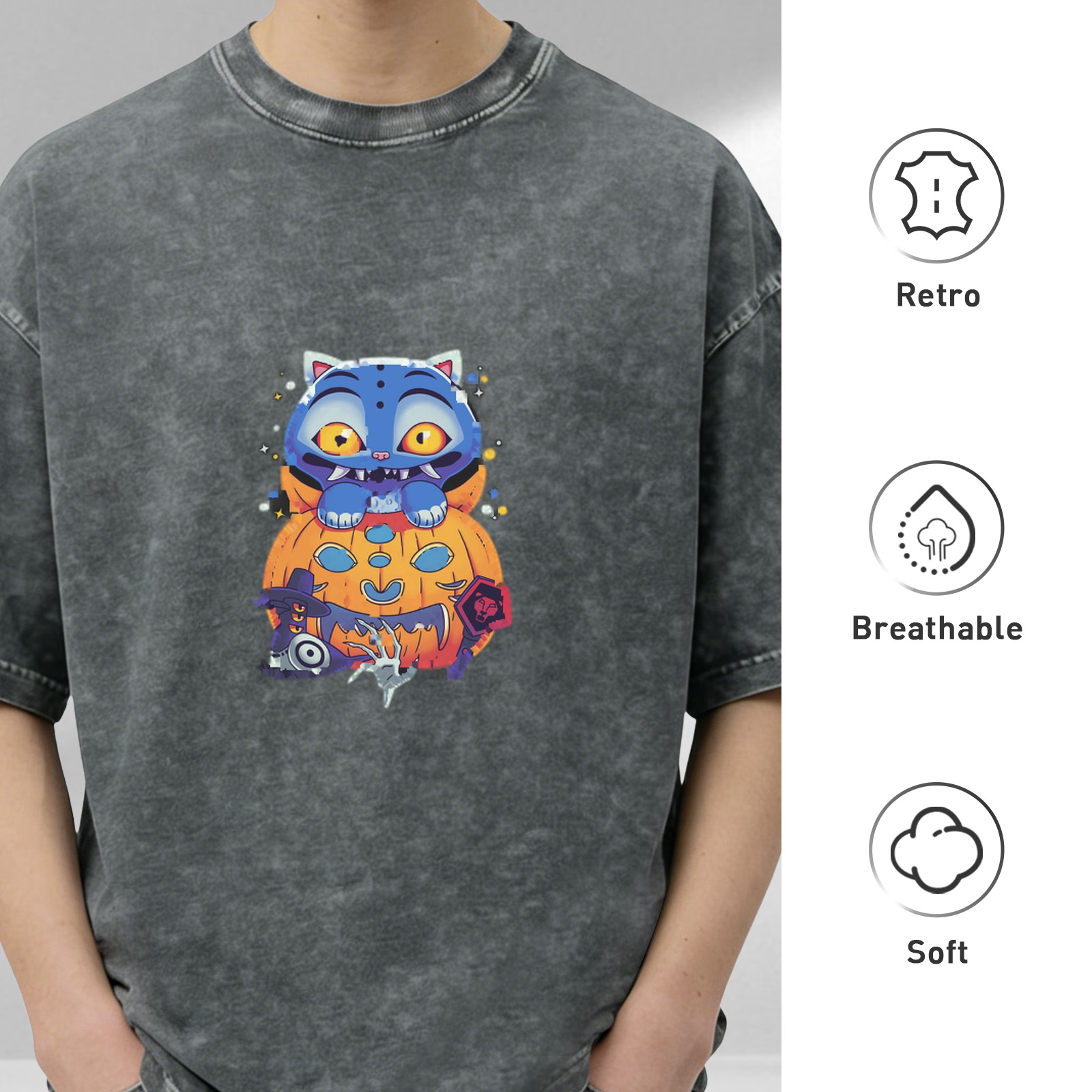 Oversized dark washed graphic t-shirt with spooky Halloween cat and pumpkin