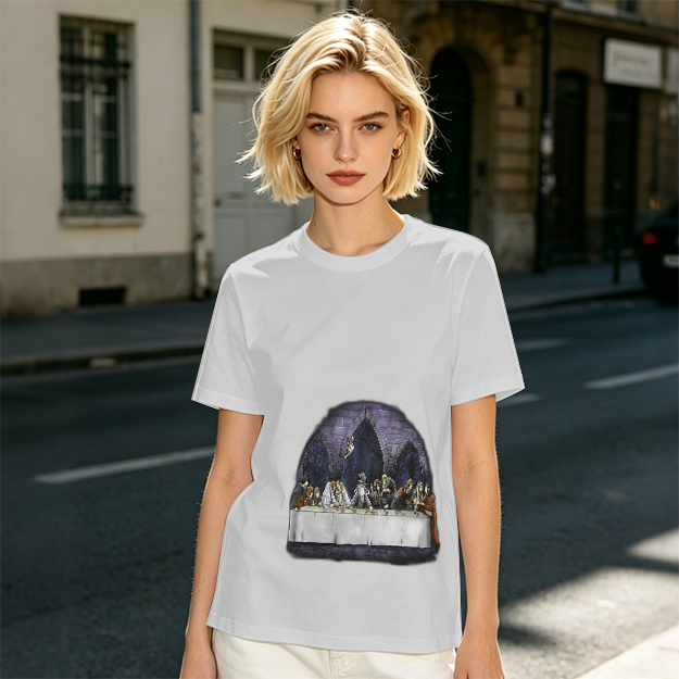 Olive Green T-Shirt with Skeletal Last Supper Graphic Print