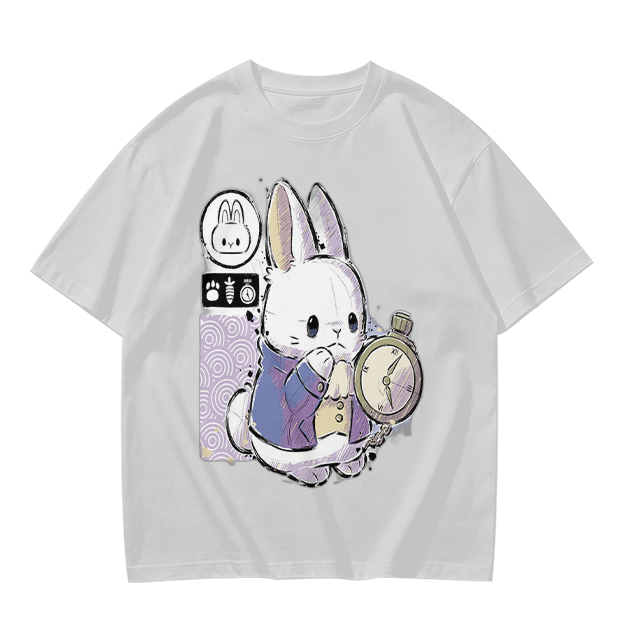 Olive T-Shirt With White Rabbit Holding Pocket Watch Print