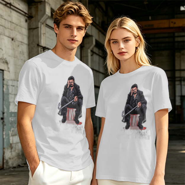 Olive T-shirt with seated bearded man holding crowbar graphic