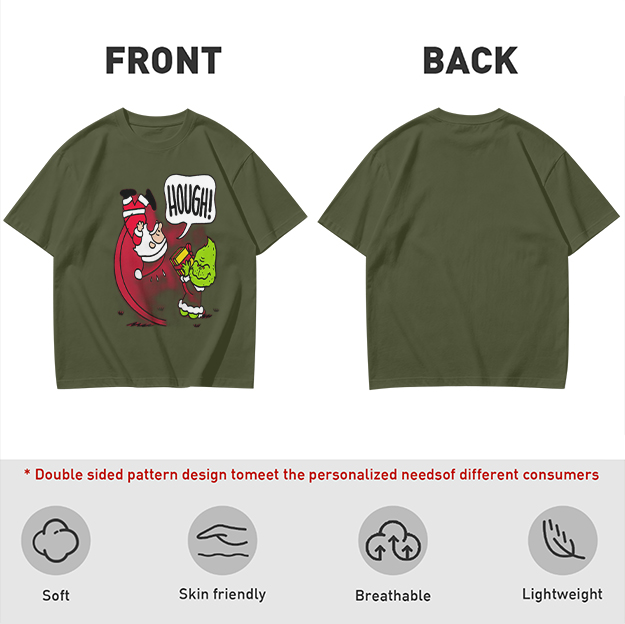 Olive Christmas T-Shirt With Grinch Lifting Santa Claus Print