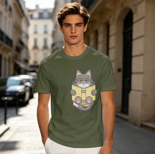Olive T-Shirt With Cute Gray Cat Wearing Glasses Reading A Book