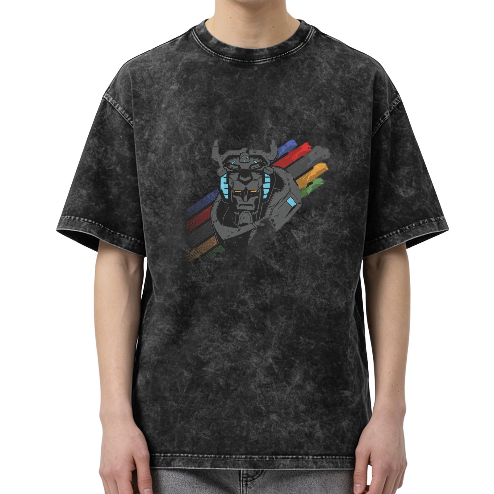 Distressed black loose short-sleeved T-shirt Voltron mecha print