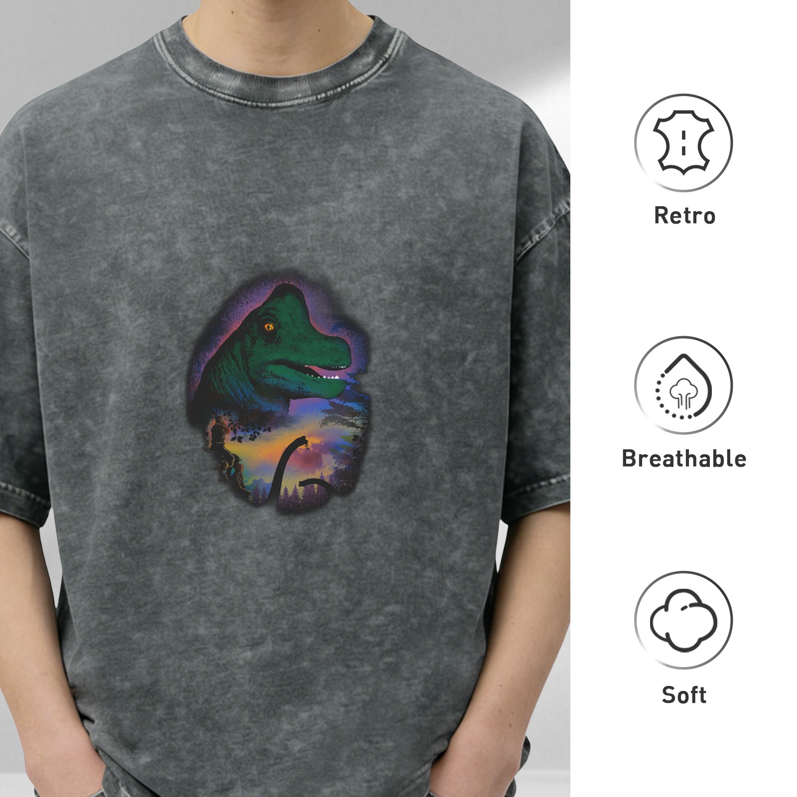 Washed Black T-Shirt with Colorful Dinosaur Graphic Print